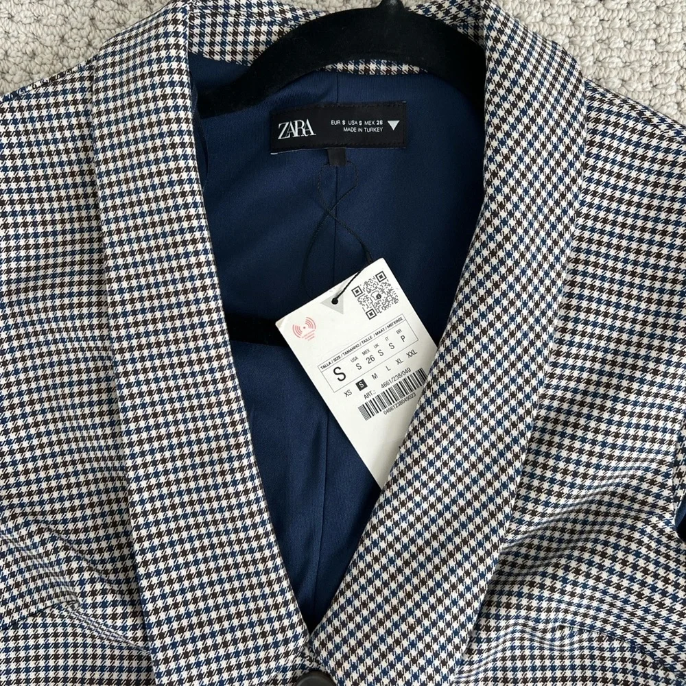Zara NWT navy and brown mini houndstooth checkered lapel collar dress - Picture 5 of 9